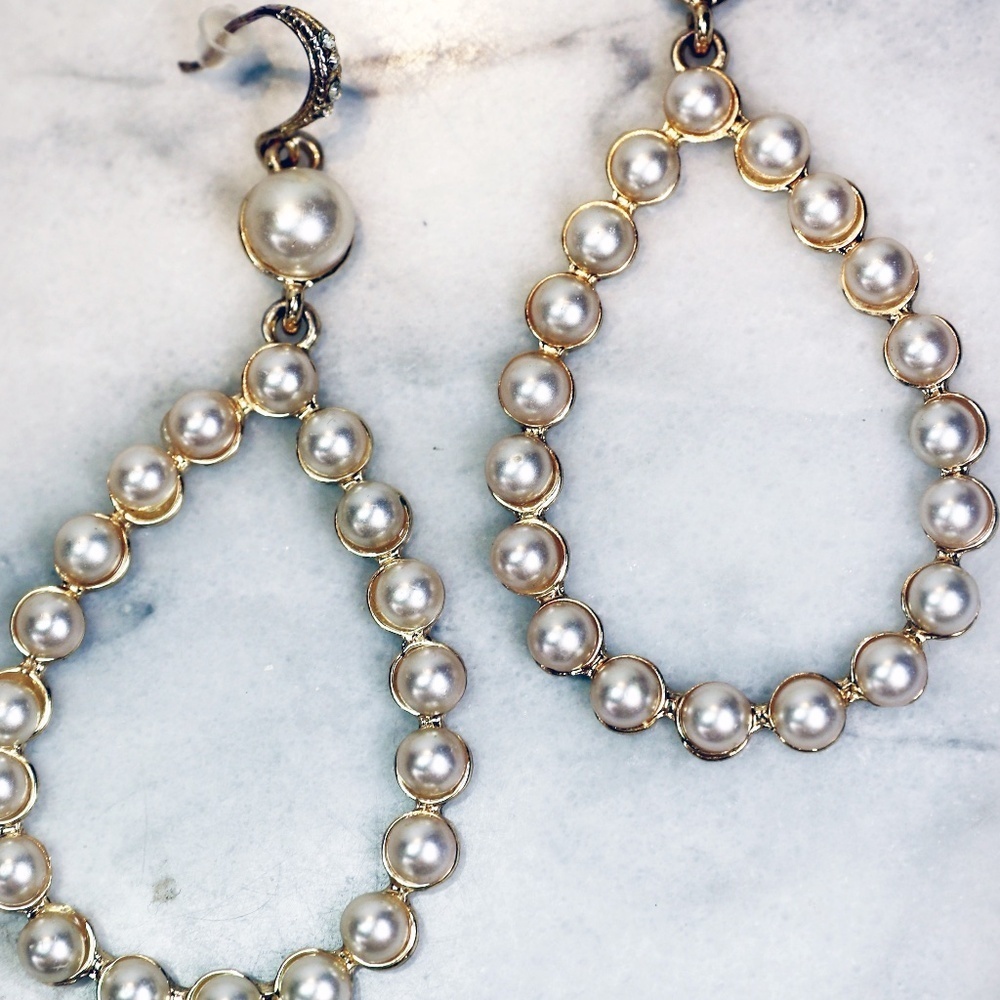 Pearl Earrings ~ Teardrop Loop Dangle Earrings w/ Crystal Encrusted French Wires - Picture 5 of 9